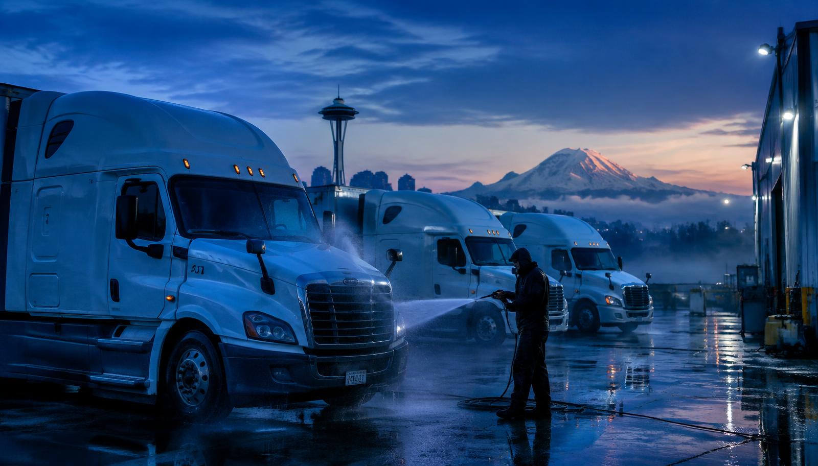 Fleet trucks being washed in Seattle with Mount Rainier